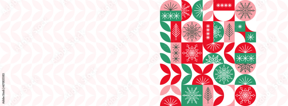 Fototapeta premium Christmas banner with geometric pattern in red and green colors, snowflakes and Christmas trees