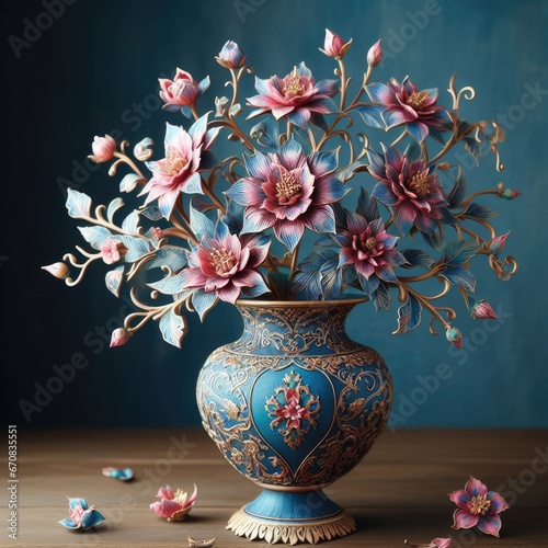 A blue vase with intricate pink and red flowers and gold accents © Sohel