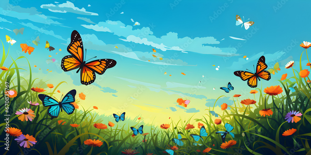 Butterfly field with mountain and sky background