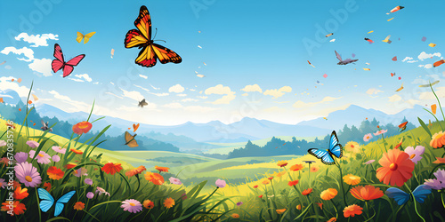 Butterfly field with mountain and sky background © AhmadSoleh