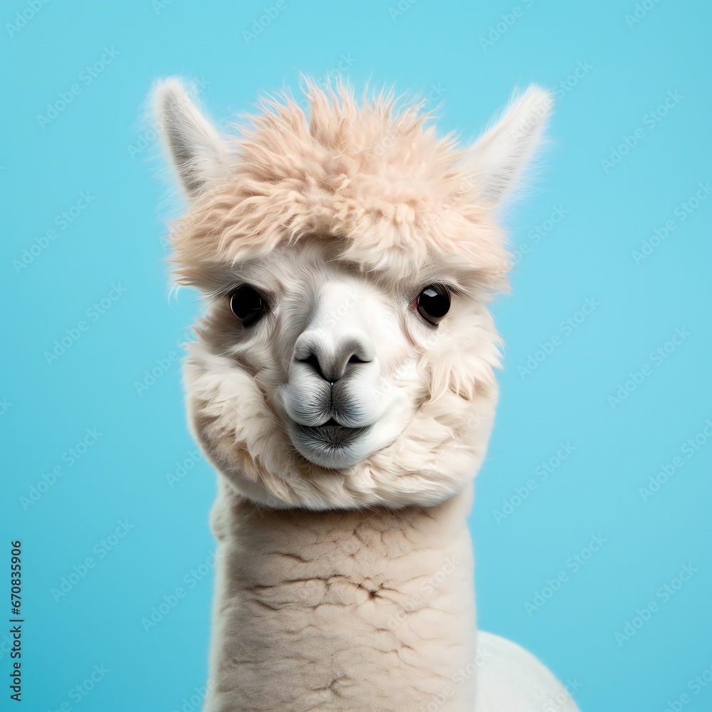 Alpaca face watch you with funny hair style. Alpaca with haircut isolated on bright background. Good for banner, poster, notebooks typography, cards