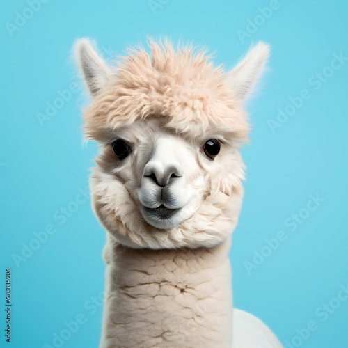 Alpaca face watch you with funny hair style. Alpaca with haircut isolated on bright background. Good for banner, poster, notebooks typography, cards © Yulia