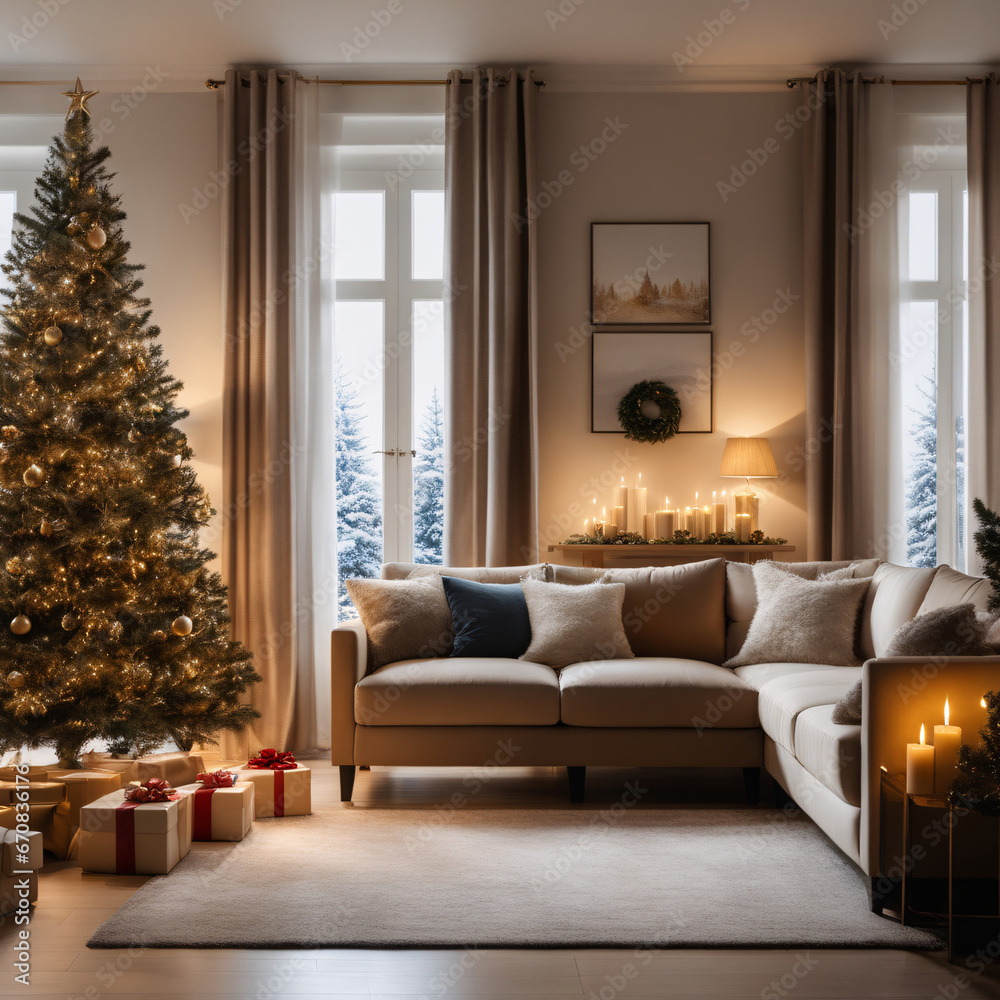 Christmas living room interior with Christmas tree and presents.