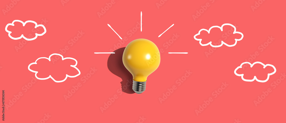 Yellow light bulb with cloud sketches - Flat lay - obrazy, fototapety, plakaty 