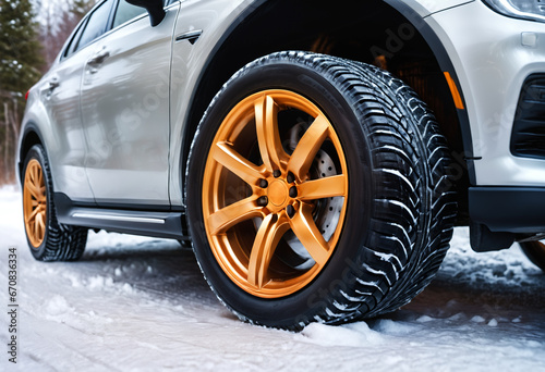 Winter tires on a car in snow. Generative AI