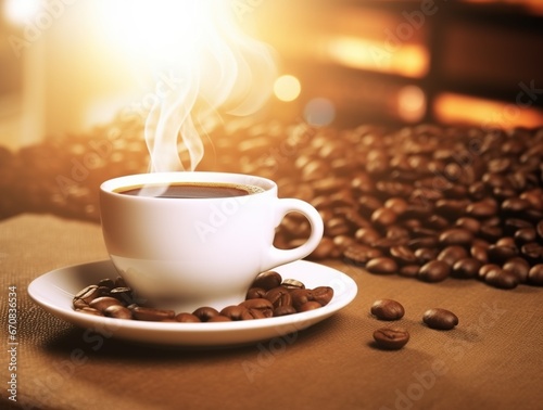 Close-up of a hot smoky white coffee cup with coffee beans and a warm light scene