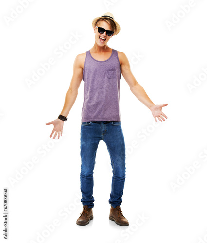 Portrait, summer and fashion with a man on vacation isolated on a transparent background for trendy style. Smile, holiday and clothes with a happy young male tourist on PNG excited for travel