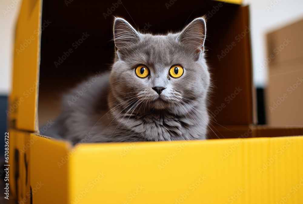 A Beautiful Grey Cat With Striking Yellow Eyes Poses Comfortably in a Sunny Yellow Box. A grey cat with yellow eyes sitting in a yellow box