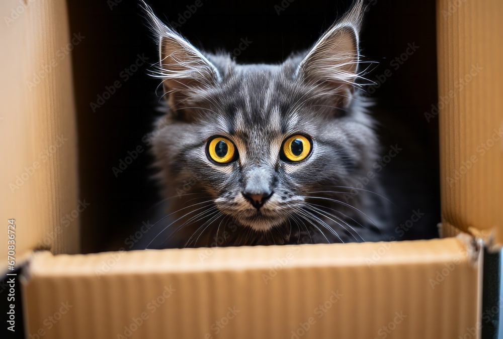 A Curious Feline Peeking From a Cardboard Hideout. A grey cat with yellow eyes looking out of a cardboard box