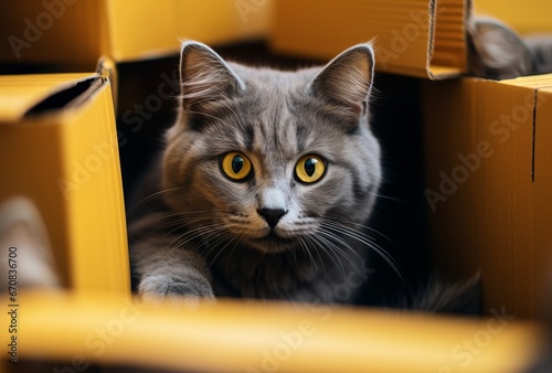 A cat is sitting in a cardboard box © AI Visual Vault