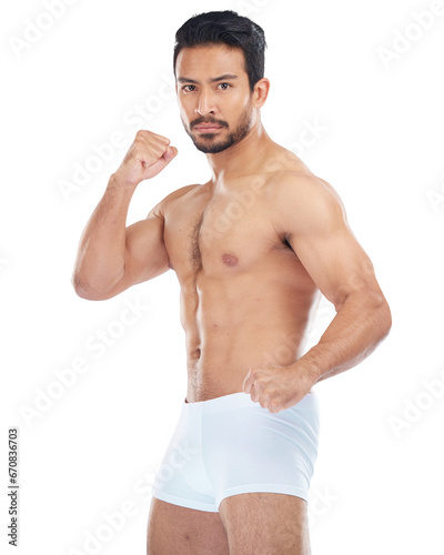 Fighter, topless or portrait of man in martial arts, fitness or workout exercise isolated on png background. Fist, transparent or Asian sports athlete in underwear ready to start mma battle or boxing