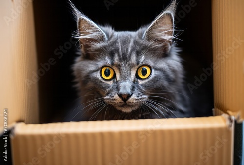 A Curious Feline Peeking From a Cardboard Hideout. A grey cat with yellow eyes looking out of a cardboard box