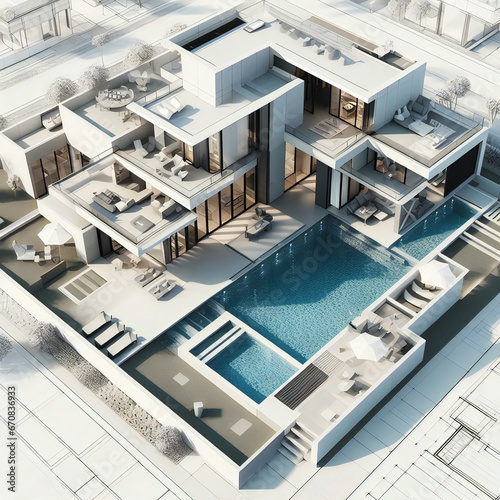 Designing the Future: Modern Buildings with Pool and Open Space, Generative Ai. © Ali