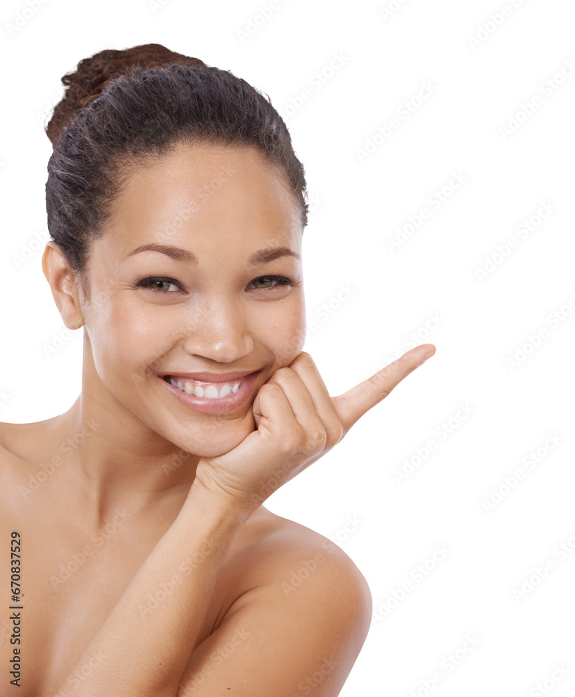 Beauty, portrait or woman happiness, pointing or smile for morning routine, facial skincare or spa hygiene. Cosmetics promotion, makeup discount or person face isolated on transparent, png background Beauty, portrait or woman happiness, pointing or smile for morning routine, facial skincare or spa hygiene. Cosmetics promotion, makeup discount or person face isolated on transparent, png background