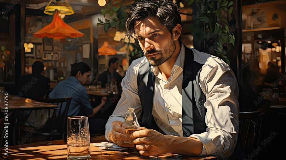 Handsome lonely man sitting at a table in a cafe restaurant - obrazy, fototapety, plakaty 