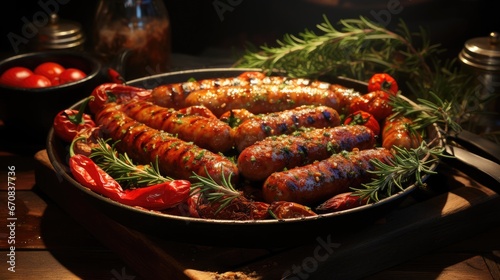 Delicious grilled sausages with tomatoes in a frying pan