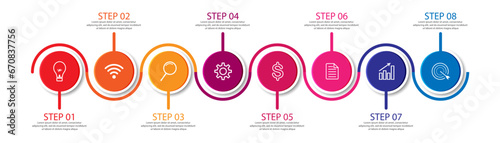8 step infographic, simple infographic design consisting of eight interrelated parts, circle design combined with lines, icons and colors, good for your business presentation