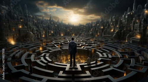 Man in a labyrinth, concept of difficulty making a decision and finding your way