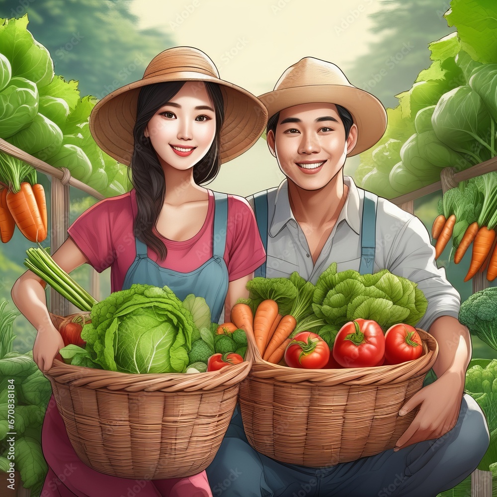 Caucasian couple pick vegetables outdoor Caucasian couple pick vegetables outdoor