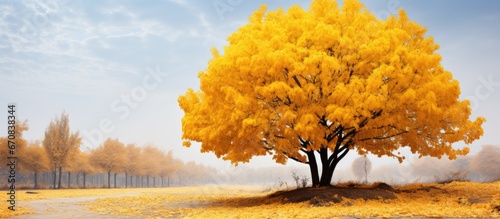 Autumn park with a yellow tree