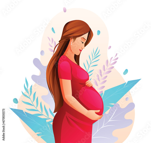 Pregnant woman hugging her belly with nature leaves background. Vector cartoon illustration