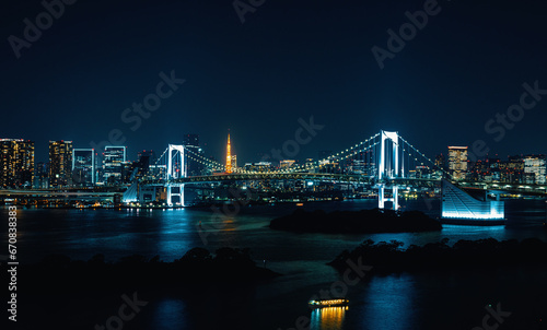 Tokyo Bay with the Rainbow Bridge  Odaiba  Tokyo  Japan at night