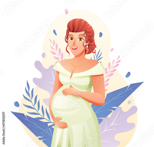 Pregnant woman hugging her belly on natural background with leaves. Pregnancy concept vector cartoon illustration