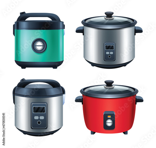 Set of electric rice cookers vector illustration isolated on white background