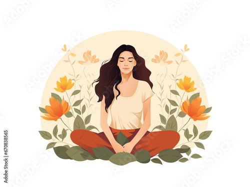 Woman sitting with a flower illustration in the background  good mental health yoga lifestyle selfcare vector