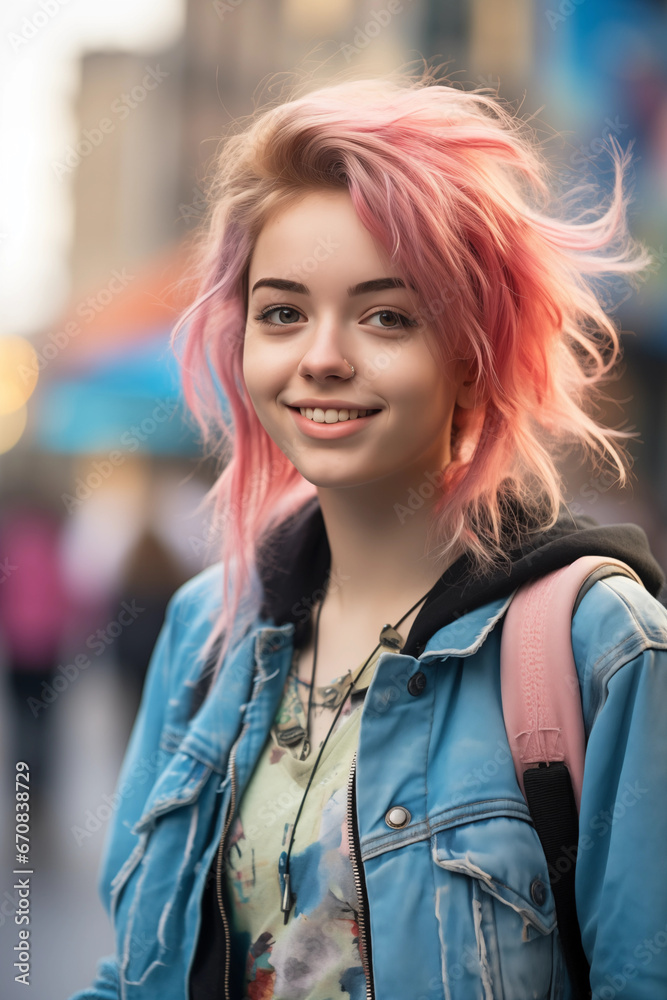young smiling student of high school with a briefcase and pink hair