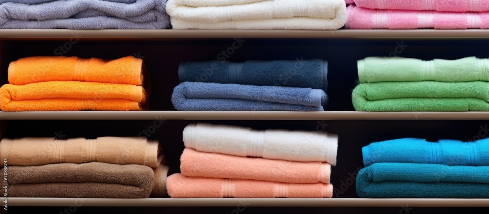 Close up of a textile arrangement storage in a bed linens cupboard shelf at a shop that specializes in towels Close up of a textile arrangement storage in a bed linens cupboard shelf at a shop that specializes in towels