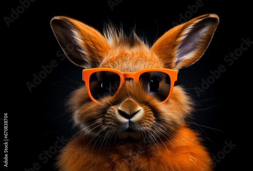 A brown rabbit wearing orange glasses against a black background. A Stylish Bunny with Vibrant Eyewear Standing Out in the Dark