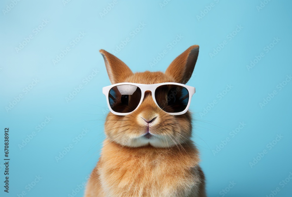 A rabbit wearing sunglasses on a blue background. A Cool Rabbit in Shades on a Vibrant Blue Canvas A rabbit wearing sunglasses on a blue background. A Cool Rabbit in Shades on a Vibrant Blue Canvas