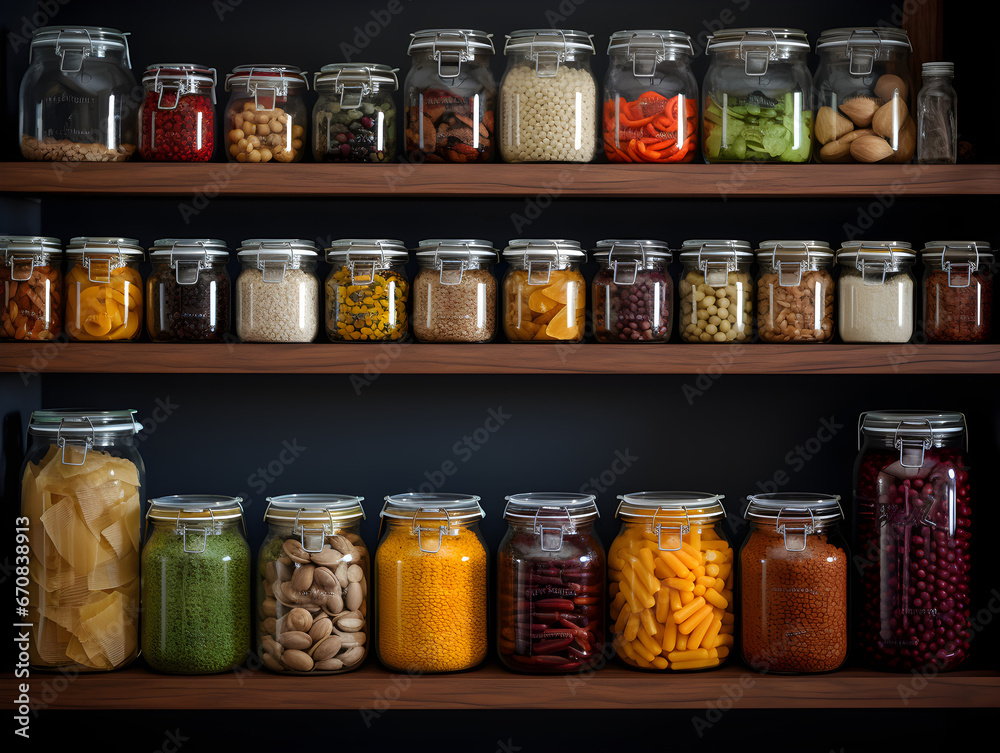 A modern home's efficient storage solution is showcased through a well-organized pantry, stocked with various food items in labeled containers, promoting a clutter-free environment, A modern home's efficient storage solution is showcased through a well-organized pantry, stocked with various food items in labeled containers, promoting a clutter-free environment,
