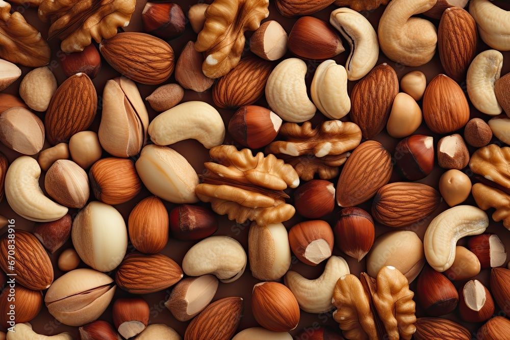 Mix of nuts background. Generative AI image Mix of nuts background. Generative AI image