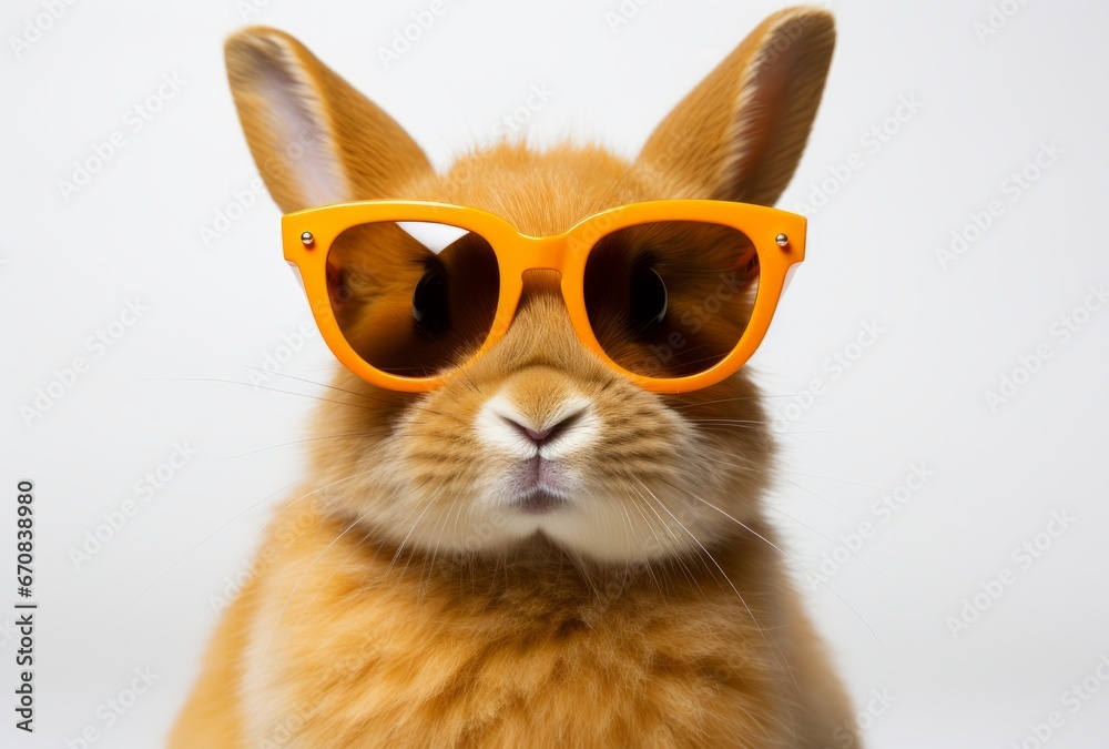 A rabbit wearing orange sunglasses with a white background. Rabbit in Cool Orange Shades with a Bright Background