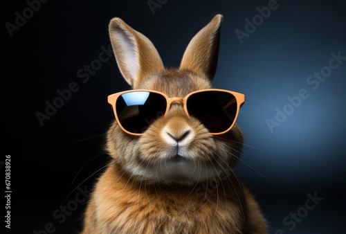 A brown rabbit wearing sunglasses on a black background. A Stylish Bunny in Shades on a Sleek Canvas of Darkness