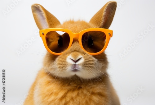 A rabbit wearing orange sunglasses with a white background. Rabbit in Cool Orange Shades with a Bright Background
