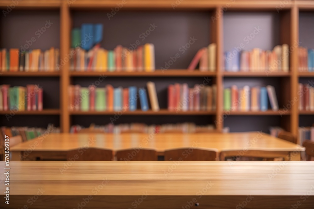 Wooden table and blurred bookshelf in library room, education, back to school. Generative Ai. Wooden table and blurred bookshelf in library room, education, back to school. Generative Ai.