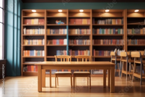 Wooden table and blurred bookshelf in library room, education, back to school. Generative Ai.