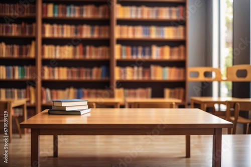 Wooden table and blurred bookshelf in library room, education, back to school. Generative Ai. © kapros76