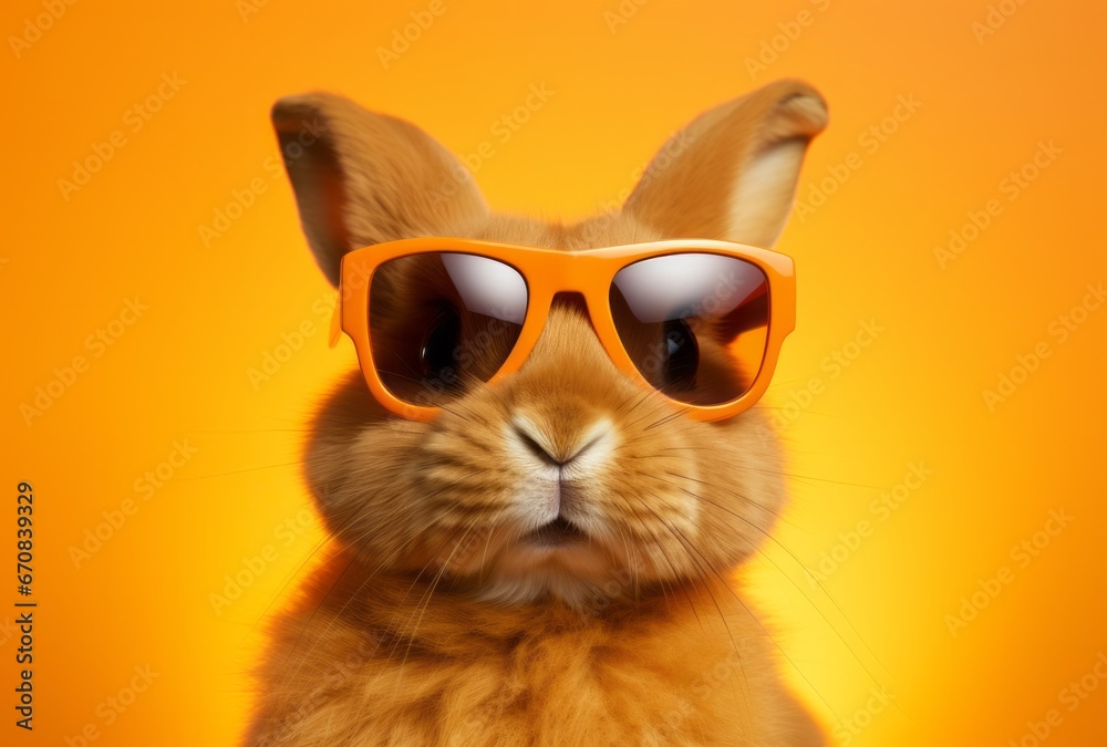 A Stylish Bunny with Cool Shades Posing Against a Sunny Backdrop. A brown rabbit wearing sunglasses on top of a yellow background A Stylish Bunny with Cool Shades Posing Against a Sunny Backdrop. A brown rabbit wearing sunglasses on top of a yellow background
