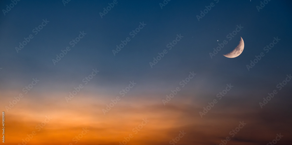 Background of half moon and starry sky and sunset Greeting card for the holy month of Ramadan of islam Background of half moon and starry sky and sunset Greeting card for the holy month of Ramadan of islam