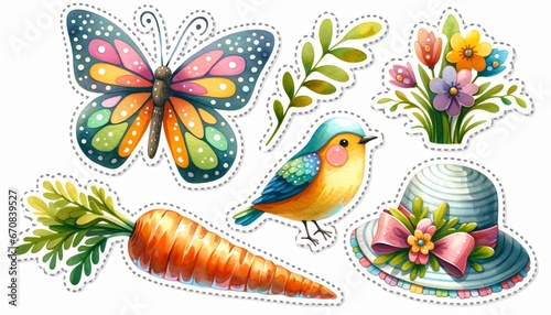 Sticker collection with a vibrant butterfly  a cheerful songbird  Easter eggs  carrot  and a bouquet of fresh flowers on white. Elements for design  card  print. Springtime watercolor illustration