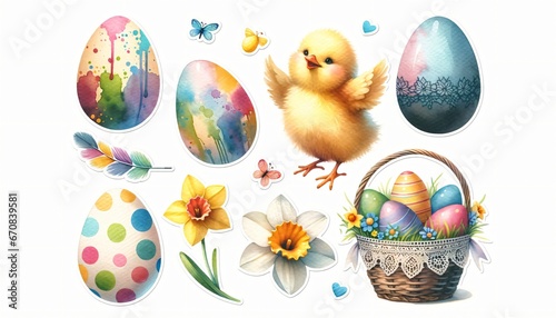 Sticker set with a chirpy chick, assorted painted eggs, and daffodils on white background. Basket filled with colorful eggs. Easter watercolor illustration. Elements for design, print, card