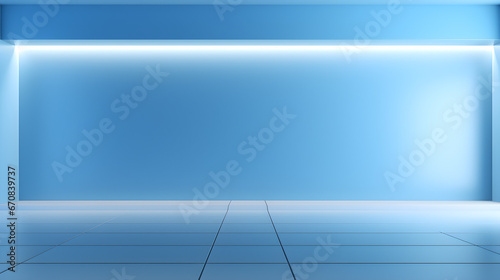 A light blue wall and smooth floor with beautiful built-in lighting for presentation on a universal minimalistic blue background,