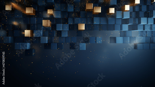 dark blue square and gold line blue glow design elements with isometric shape blocks. futuristic technology concept. Abstract digital high tech city design for banner background.