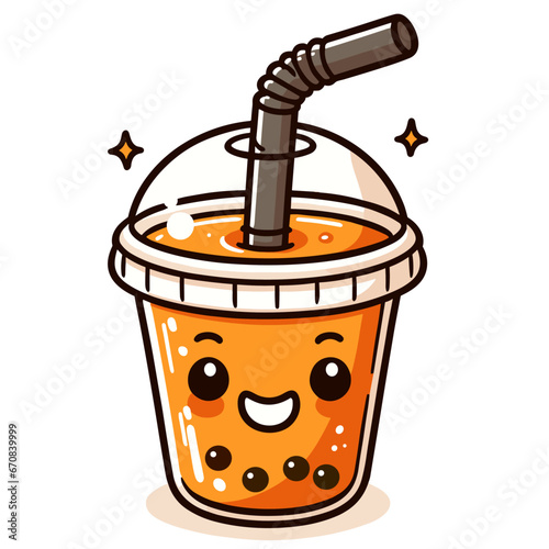 Bubble milk Ice Tea in a plastic cup with a straw vector cute cartoon