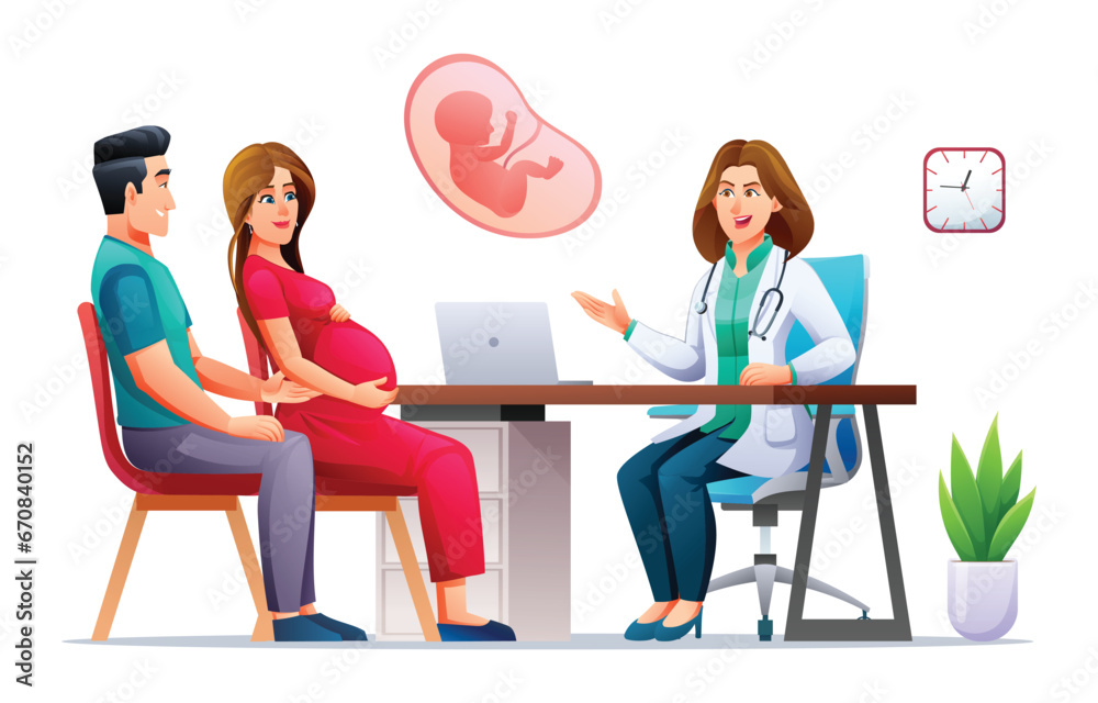 Man and woman couples consult pregnancy with doctor. Consultation and check up during pregnancy concept. Vector cartoon character illustration