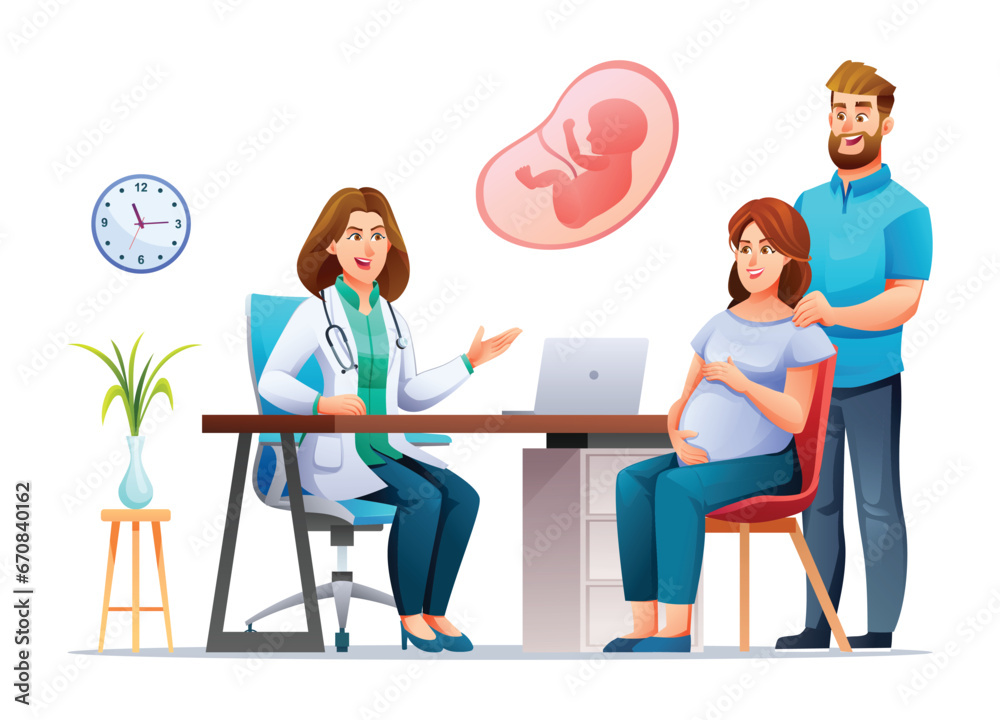 Doctor explains about pregnancy to pregnant woman and her husband. Consultation and check up during pregnancy concept illustration. Vector cartoon character